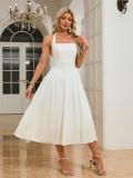 White Straps Boat Neck Pleated Waist Back Lace Up Midi Skirt Dress