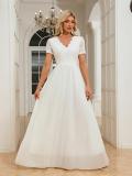 White Lace Short Sleeve V Neck Hollow Out Mesh Please Elegant Wedding Dress