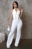 White Halter V Neck Diamonds Button Bodycon Women Elegant Sexy Jumpsuit