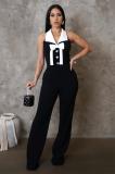 Black Halter V Neck Diamonds Button Bodycon Women Elegant Sexy Jumpsuit