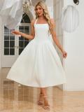 White Straps Boat Neck Pleated Waist Back Lace Up Midi Skirt Dress