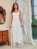 White Straps Low Cut Mesh Lace Women Wedding Formal Long Dress