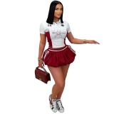 Claret Short Sleeve Lace Printed Letters Crop Tops Two Pieces Pleated Skirt Dress Sets