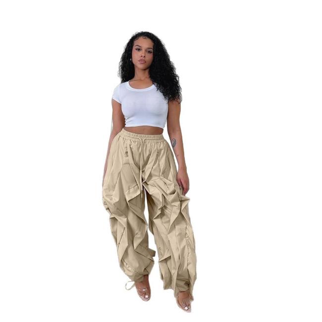 Khaki Women's Office Patchwork Ruffles Trousers Pants