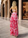 Red Straps V Neck Printed Chiffon Women Ruffles Floral Vacation Party Long Dress