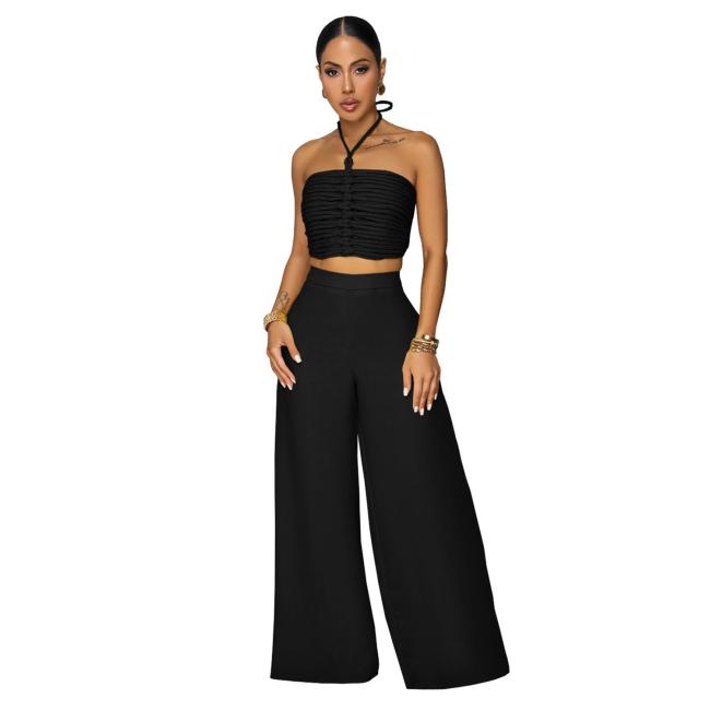 Black Halter Lace Up Bandage Crop Tops Two Pieces Wide Leg Pant Sets
