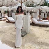 White Off Shoulder Knitted Hollow Out Bodycon Women Elegant Long Dress