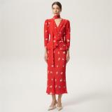 Red Half Sleeve Two Pieces Printed Elegant Neck Tops & Midi Skirt Dress