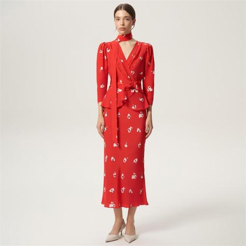 Red Half Sleeve Two Pieces Printed Elegant Neck Tops & Midi Skirt Dress