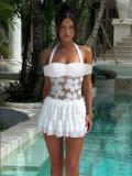 White Halter Off Shoulder Sequins 3D Flowers Lace Mesh Ruffles Clubwear