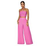 Pink Halter Lace Up Bandage Crop Tops Two Pieces Wide Leg Pant Sets