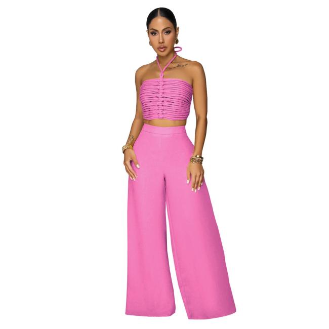 Pink Halter Lace Up Bandage Crop Tops Two Pieces Wide Leg Pant Sets