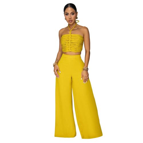 Yellow Halter Lace Up Bandage Crop Tops Two Pieces Wide Leg Pant Sets