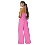 Pink Halter Lace Up Bandage Crop Tops Two Pieces Wide Leg Pant Sets