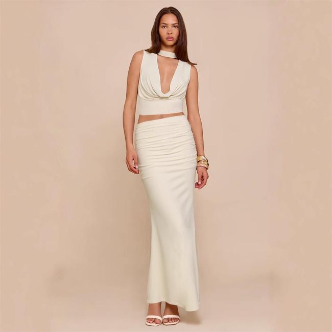 Apricot Sleeveless Low Cut Crop Tops Elegant Pleated Long Skirt Sets