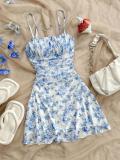 Blue Straps Printed Women Mesh Floral Mini Skirt Dress