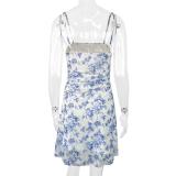 Blue Straps Printed Women Mesh Floral Mini Skirt Dress