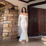 Apricot Knitted Off Shoulder Long Sleeve Hollow Out Pleated Women Long Dress