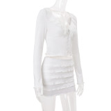 White Mesh Sexy Long Sleeve Single Breasted Crop Tops Ruffles Mini Skirt Dress