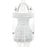 White Halter Off Shoulder Sequins 3D Flowers Lace Mesh Ruffles Clubwear