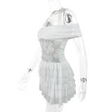 White Halter Off Shoulder Sequins 3D Flowers Lace Mesh Ruffles Clubwear