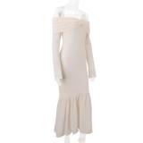 Apricot Knitted Off Shoulder Long Sleeve Hollow Out Pleated Women Long Dress