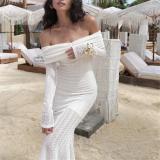 White Off Shoulder Knitted Hollow Out Bodycon Women Elegant Long Dress