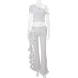 White Lace Irregular Two Pieces See Through Long Pant Sets Dress