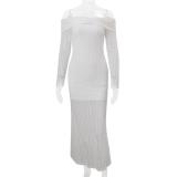 White Off Shoulder Knitted Hollow Out Bodycon Women Elegant Long Dress