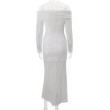White Off Shoulder Knitted Hollow Out Bodycon Women Elegant Long Dress