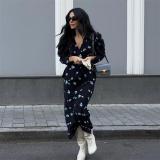 Black Half Sleeve Two Pieces Printed Elegant Neck Tops & Midi Skirt Dress