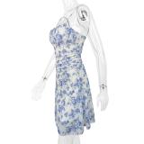 Blue Straps Printed Women Mesh Floral Mini Skirt Dress