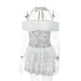 White Halter Off Shoulder Sequins 3D Flowers Lace Mesh Ruffles Clubwear