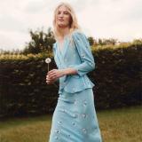 Blue Half Sleeve Two Pieces Printed Elegant Neck Tops & Midi Skirt Dress
