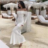White Off Shoulder Knitted Hollow Out Bodycon Women Elegant Long Dress