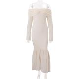 Apricot Knitted Off Shoulder Long Sleeve Hollow Out Pleated Women Long Dress