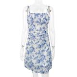 Blue Straps Printed Women Mesh Floral Mini Skirt Dress