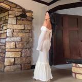 Apricot Knitted Off Shoulder Long Sleeve Hollow Out Pleated Women Long Dress