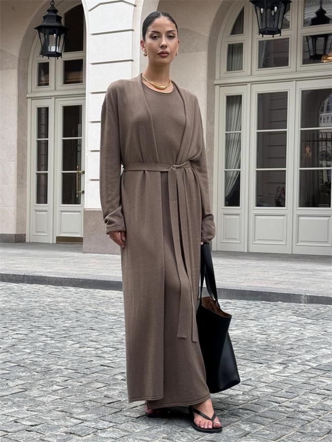 Brown Long Sleeve Knitted Cardigan Straps Sexy V Neck Casual Fashion Maxi Dress Sets