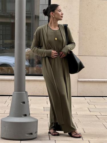 Green Long Sleeve Knitted Cardigan Straps Sexy V Neck Casual Fashion Maxi Dress Sets
