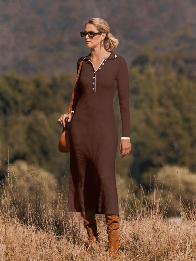 Coffee Long Sleeve Single Breasted Women Elegant Fashion Maxi Dress