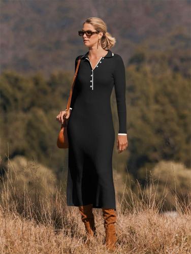 Black Long Sleeve Single Breasted Women Elegant Fashion Maxi Dress