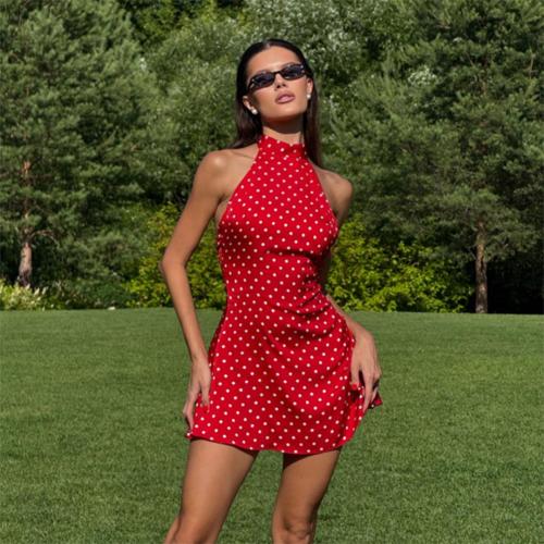 Red Printed Dots Backless Halter Women Sexy Club Mini Dress