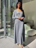 White Long Sleeve Knitted Cardigan Straps Sexy V Neck Casual Fashion Maxi Dress Sets 006