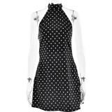 Black Printed Dots Backless Halter Women Sexy Club Mini Dress