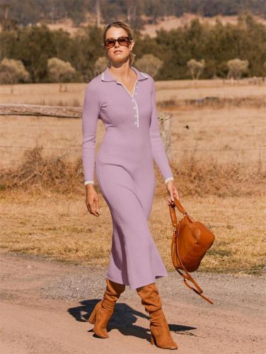 Light Purple Long Sleeve Single Breasted Women Elegant Fashion Maxi Dress