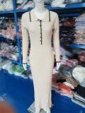 Apricot Long Sleeve Single Breasted Women Elegant Fashion Maxi Dress