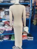 Apricot Long Sleeve Single Breasted Women Elegant Fashion Maxi Dress