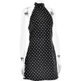 Black Printed Dots Backless Halter Women Sexy Club Mini Dress