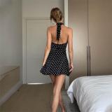 Black Printed Dots Backless Halter Women Sexy Club Mini Dress